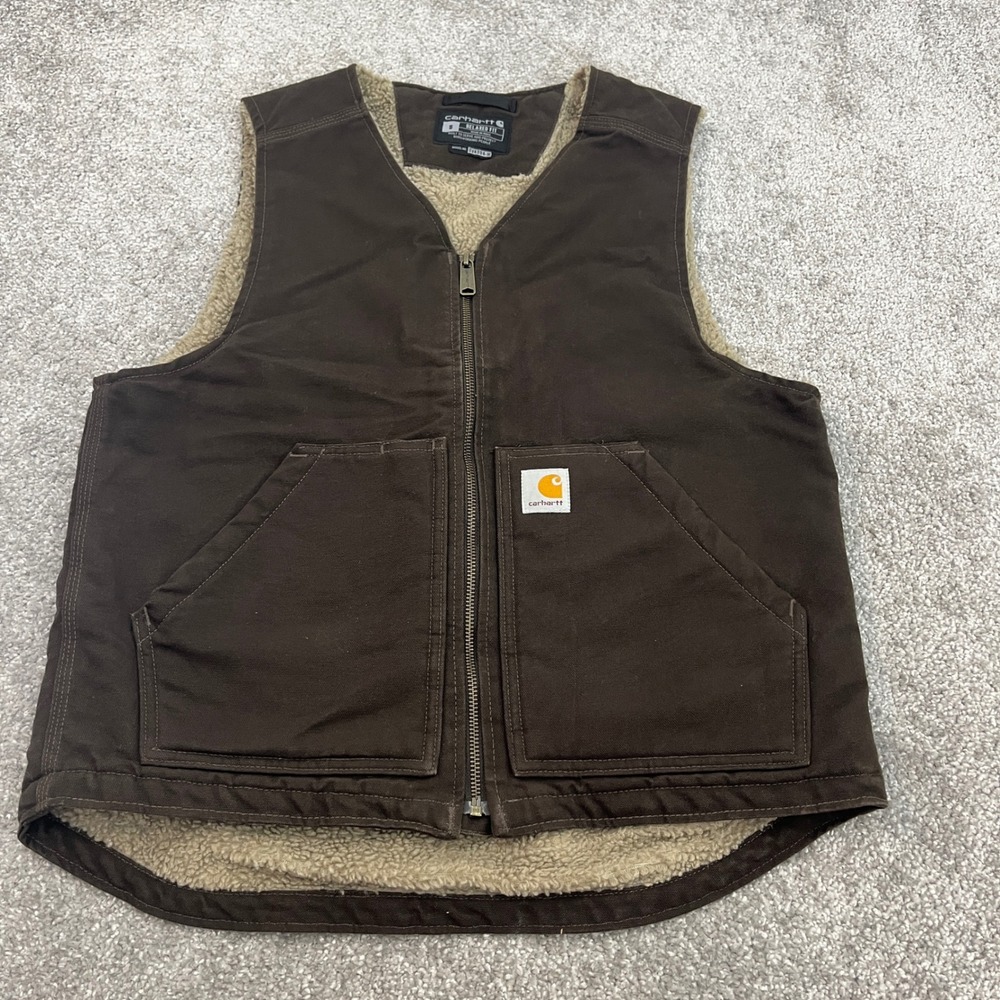 Carhartt Vest Mens Small Relaxed Fit Brown Sherpa Lined Duck Canvas Ranch Rugged